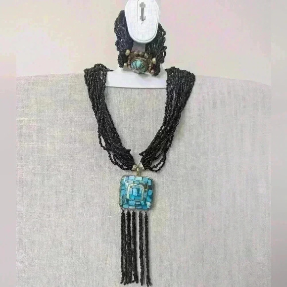 Banana Republic Black Glass Beads Necklace with Aqua Pendant & Bracelet Set- New - Picture 2 of 4